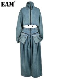 EAM Blue Two Piece Suit Denim Jacket Big Size Wide Leg Pants Stand Collar Women Fashion Spring Autumn 2024 CPG0370 240411