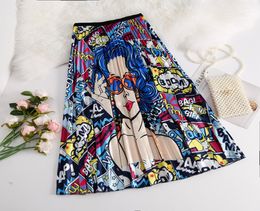 Womens Europe America Character print Cartoon Umbrella skirt Cartoon Vintage pleated Print Midi Skirt Big Swing Streetstyle High w4190235