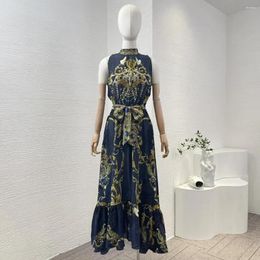 Casual Dresses Silk 2024 Black Golden Floral Print Sleeveless Halter Self Bow Tie Back At Neck Women Vintage Maxi Dress