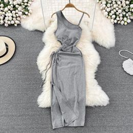 Casual Dresses 2024 Summer Women Style Streetwear Sling Dress Sexy Cold Shoulder Sleeveless Cutout Waist Elegant Split Long