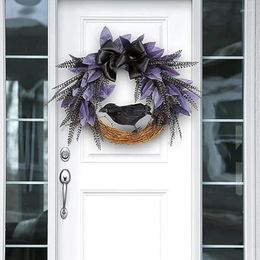 Decorative Flowers AT69 -Halloween Wreath For Front Door Halloween Crow With Bow Tie Decoraion Artificial Grapevine