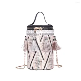 Bag Autumn Fashion Handbag High Quality Straw Women Round Tote Hand Metal Ring Tassel Chain Shoulder Travel #S