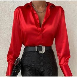 Elegant Satin Blouse for Women Long Sleeve Solid Colour Silk Shirt Casual Blue Tops Vintage Office Clothes 22717 240407
