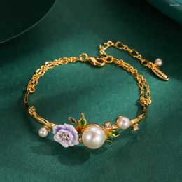 Bangle Original Design Enamel Glaze Fresh And Sweet Purple Rose Blossom Crystal Pearl Bracelet