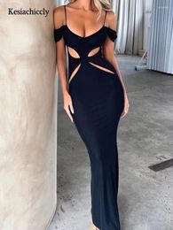 Casual Dresses Kesiachiccly Black Hollow Out Bandage Sexy Dress Women Party Club Backless Long Slim Fit Fashion Beach Autumn Vestidos