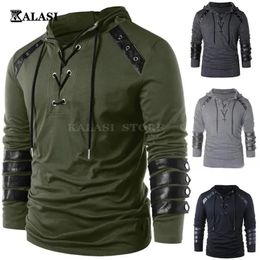 Adult Men Medieval T-shirt Gothic Steampunk Sweatshirt Lace Up Long Sleeve Pullover Hooded Tee Halloween Shirts Tops chemise 240412