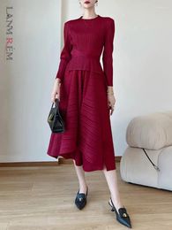 Women's Two Piece Pants LANMREM Solid 2 Pieces Set O-neck Long Sleeves Gathered Waist Slim Tops High Trousers 2024 2YA713