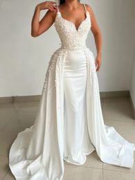 Elegant Mermaid Wedding Dress With Detachable Train Spaghetti-Straps Flower Pearls Appliques Bridal Gowns Vestidos De Novias