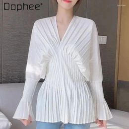 Women's Blouses 2024 Spring Bell Sleeve Pleated White Shirt For Women Woman Blouse Waist-Controlled Slimming V-Neck Mid-Length Top