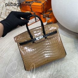 Handmade 7a Handbag Bikns Genuine Leather dust color patchwork black glossy crocodile Uncle wax thread sewing9EGZ