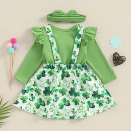 Clothing Sets Infant Girl Irish Festivals Outfits Solid Ribbed Long Sleeve Romper With Shamrock Suspender Skirt And Headband