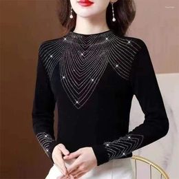 Women's T Shirts 2024 Fall Winter European Style T-Shirt Chic Sexy Shiny Diamonds Tops Long Sleeve Hand Made Glitter High Elastic Tees