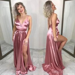 2024 Sexy Pink Evening Dresses Spaghetti Straps Elastic Satin Sweep Train Side Slit Split Custom Made Cocktail Prom Party Gown vestido