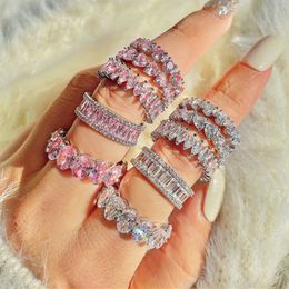 Luxury 925 Sterling Silver Princess Rings for Women Pink White 5A Cubic Zirconia Diamond Designer Ring Heart Oval Bride Engagement321z