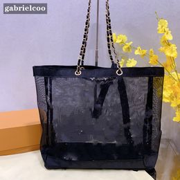 Designer Black Mesh Shoulder Bag women fashion Shopping Bag Classic Letter Logo Printed Transparent Wash Bag Ribbon decoration Beach Portable Bag