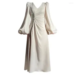 Casual Dresses Doris Fanny Temperament Elegant Women 2024 Spring Summer V Neck Long Sleeve High Waist Slim Dress Female Lady