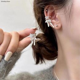 Stud Earrings Silver Colour Metal Bow Ear Bone Clip Non-Pierced Simple Irregular Geometric Hollow For Women