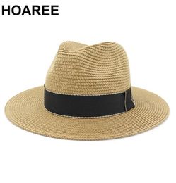 HOAREE Khaki Men Panama Hat Straw Fedora Male Sunhat Women Summer Beach Sun Visor Cap Chapeau Vintage Jazz Trilby Cap Sombrero3089108