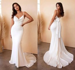 Minimalist Simple Satin Mermaid Wedding Dresses Boho Garden Sexy Spaghetti Straps Long Trumpet Bridal Reception Gowns Plus Size Tie Backless Robes de Mariee CL2257