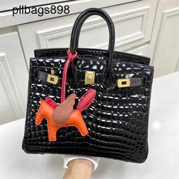 Handmade 7a Handbag Bikns Genuine Leather High gloss pearl crocodile skin womens gold 25CM black high-endC56N