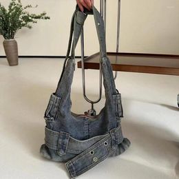 Drawstring Trendy Women Vintage Denim Punk Shoulder Bag Y2k Streetwear Handbag Retro Gothic Casual Underarm Bags