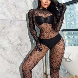 Lingerie divertida com impressão de leopardo sexy macacão de manga longa e rede de pesca esvaziada