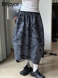 Skirts 2024 Spring Women Outdoor Vintage Camouflage Curved Maxi Korean Fashion Work Wear High Waist Loose Breathable Long Skirt