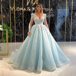 Party Dresses Exquisite Dubai Long Sleeve Evening 2024 V-Neck Lace Beaded Plus Size Formal Prom Dress Light Blue Pageant Ball Gown