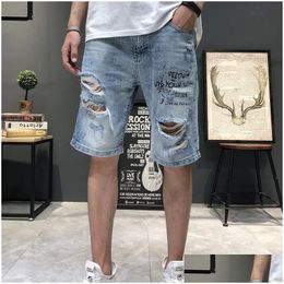 Men'S Jeans Mens Summer Grey Perforated Denim Shorts Korean Fashion Slim Elastic Fivepiece Male Brand Pants 11Styles 230706 Drop Deli Dhnao