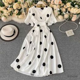 Basic Casual Dresses Chic Fashion Polka Dot Print Women Dress 2023 New Summer Elegant Vintage Bandage Slim Waist Big Swing Long Party Dress