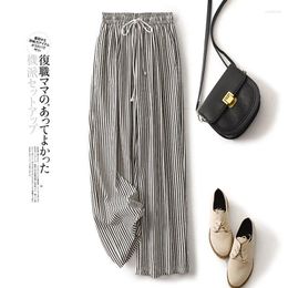 Women's Pants Limiguyue Elastic Waist Striped Casual Full Summer Women Cotton Linen Trousers Vintage Pockets Soft Straight E479