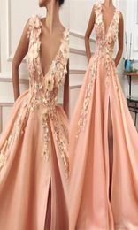 New Designer Pink Evening Dresses Sexy V Neck A Line Flora Flowers Beads Appliqued long Tulle Party Occasion Gowns Prom Dress Vest1419385