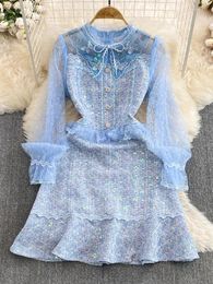 Casual Dresses Elegant Women's Tweed Dress 2024 Luxury Style Blue Mesh Long Sleeve Patchwork Fashion Sequined Mini Party