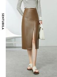 Skirts Sentubila Brown High Waist Pu Leather Skirt For Woman 2024 Spring Solid Split Straight Knee-Length 141Q53936X