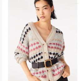 Women's Knits Colorful Plaid Knit Cardigan Crochet V-neck Loose Long Sleeve 2024 Early Autumn Female Single Breasted Sweater