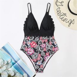 Women's Swimwear Vintage Floral Bikini Scallop V-neck Monokini Patchwork Swimsuit Y2K Sexy Women One-pieces Vacation Swimwears Beach Bathing