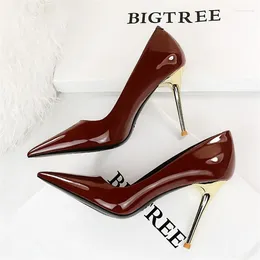 Dress Shoes BIGTREE Quality Woman Pumps Patent Leather High Heels Sexy Party Metal Stilettos Luxury High-heeled Size 43