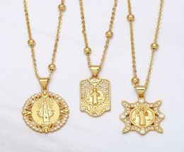 Pendant Necklaces FLOLA Bead Chain Saint Benedict Medal Necklace Copper Zircon White Stone Short Gold Plated Catholic Jewellery Nkea7417398