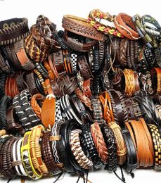 Whole 50pcspack Cuff assorted retro Handmade men039s top Genuine Leather tribal surfer bracelets mix styles Brand new drop5869580