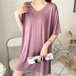 Women's Sleepwear Spring Summer Female Nightgown Nightwear Loose Casual Modal Home Dressing Gown Sexy Split V-Neck Nightdress Lingerie