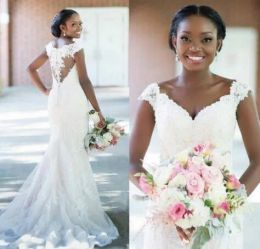 African Mermaid Wedding Dresses Lace Applique 2024 Cap Sleeves Straps Illusion Covered Buttons Back Country Wedding Gown