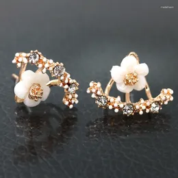 Stud Earrings 3 Shiny Crystal Branches Milky Stone Petal Daisy Flower Golden Silver Plated Alloy Women Fashion Jewellery