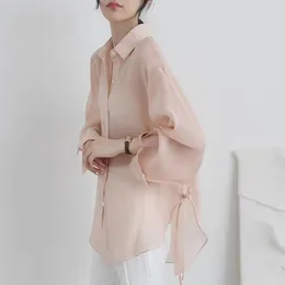 Women's Blouses Summer Spring Women Jacket Thin Sunscreen Anti-UV Quick Dry Cooling Solid Color Lapel Single-breasted Lace-up Strap Long