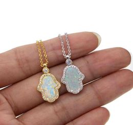 fashion turkish hamsa hand pendant necklaces women ladies delicate dainty gold silver color white fire opal stone necklace 2201214199050