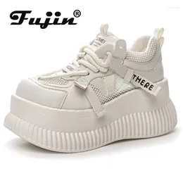 Dress Shoes Fujin 8.5cm Air Mesh Genuine Leather Heels Women Breathable Platform Wedge Flats Summer Ethnic Mary Jane