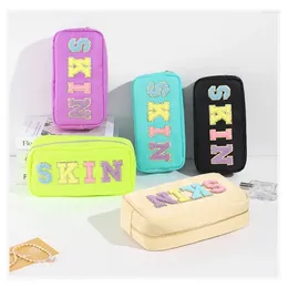 Cosmetic Bags SKIN Letter Patch Nylon Travel Portable Toiletry Bag Multifunction Large Capacity Zipper Studen Pencil Case