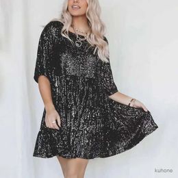 Basic Casual Dresses Women Sequin Dress Short Flowy Sequin Dress Sparkling Glitter Dress Chic Patchwork Loose Hem Pleated Design for Womens Club