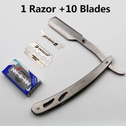 1set Men Straight Barber Edge Steel Razors Folding Shaving Knife Hair Removal Tools With 10pcs Blades