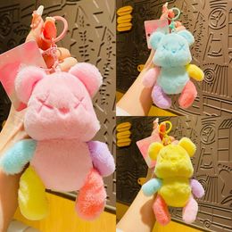 Plush dopamine color block bear creative car keychains, cute couples, bags, pendants, humorous small gifts wholesale