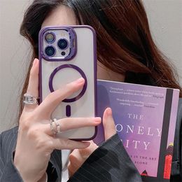 2024 Magnetic Phone Case For iPhone 13 11 12 14 15 Pro Max with metal stander Lens Glass Film Protection Transparent Cover